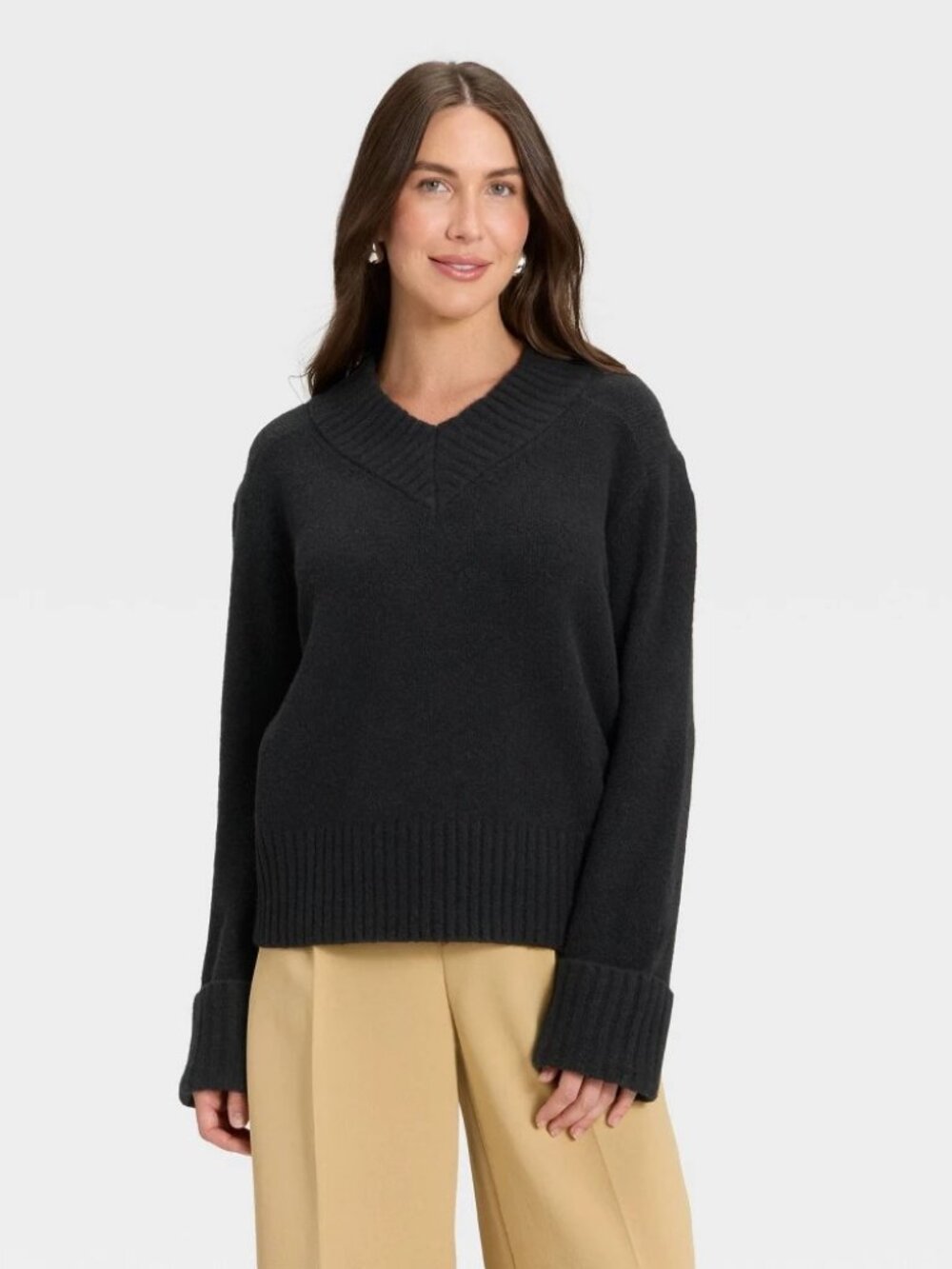 Women's Long Sleeve V-Neck Cozy Knit Boxy Pullover Sweater - a New Day™ Black L